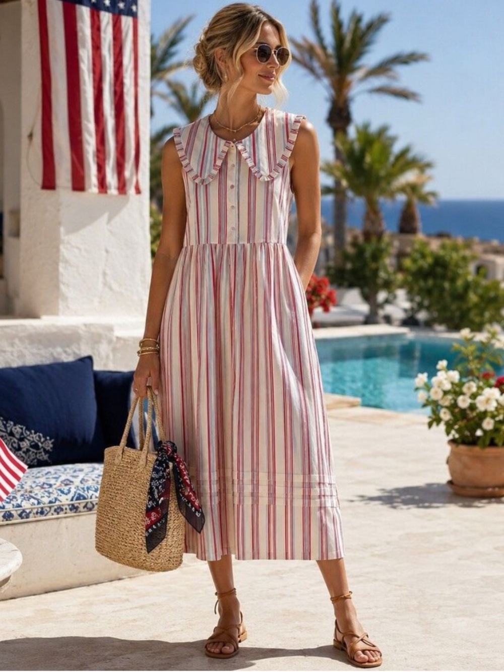Caroline Constas Striped Ruffle-Collar Maxi Dress Red, White & Blue - Picture 2 of 6